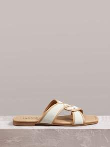 Styleloop Women Shoes Multi-Colored Canvas Splicing Square Toe Flat Bottom Cross Sandals, Simple Casual Style, Suitable For Daily Commuting, Vacation Travel - Apricot - View 2