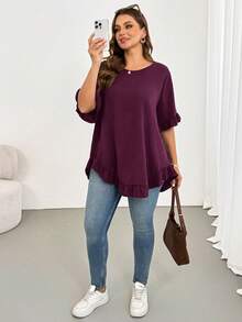 Shapeblank Blusa de talla grande casual de verano con unicolor y ribete de volantes - Rojo violeta - Ver 6