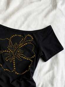IslaSuriya 女款 T-shirt，不對稱肩短袖修身 T-shirt，優雅女款 T-shirt，適合日常穿著與約會場合，女款短袖上衣，夏季女款上衣，最新女款上衣，花卉圖案 T-shirt，水鑽 T-shirt - 彩色 - 查看 4