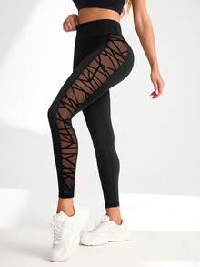 SHEIN Women's Fashion Mesh Patchwork Slim Fit Sports Leggings - Black - View 3
