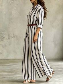 Linhara CURVE Plus Size Striped Colorblock Elegant Button Casual Long Sleeve Jumpsuit Fall - Black and White - View 4