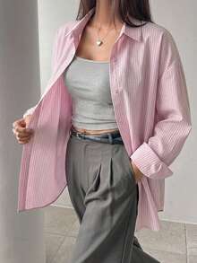 DAZY Women's Striped Drop Shoulder Long Sleeve Single-Breasted Casual Loose Shirt - Pink - View 1