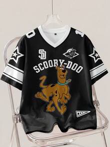 SCOOBY-DOO X SHEIN 男士彩色块字母和卡通图案 V 领短袖 T 恤 - 白色 - 查看 1