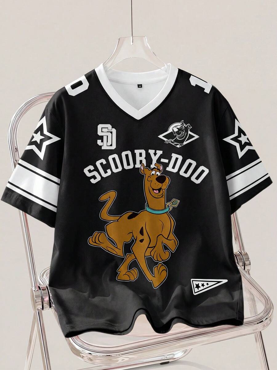 SCOOBY-DOO X SHEIN 男士彩色块字母和卡通图案 V 领短袖 T 恤 - 白色 - 查看 1