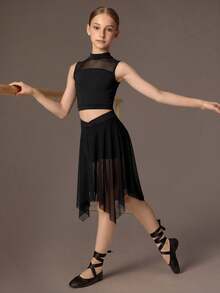 SHEIN Tween Girls' Dance Crop Top Mesh Skirt Set, All Black Two Pieces, Keyhole Back Cutout, Asymmetric Sheer, Solid, Knit, Summer Athletic Active - Black - View 3