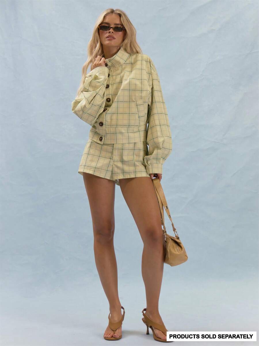 MUSERA Low Rise Plaid Pattern Shorts With Button Fly And Belt Loops Detail Coord Bottoms Only Summer Casual 70s Everyday Girly Y2K Soft Social Brunch Blue - Multicolor - View 1