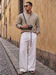 HIMLAND Camisa casual de manga larga con media tapeta de botones de unicolor para hombre - Albaricoque - Ver 5