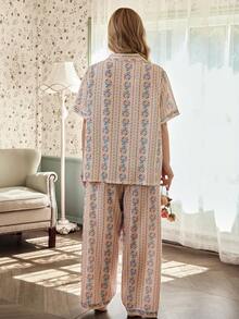 CottageSlumber Plus Size Bubble Crinkle Ditsy Floral Lapel Short Sleeve Long Pants Pajama Set Night Pink Floral Summer - Apricot - View 2
