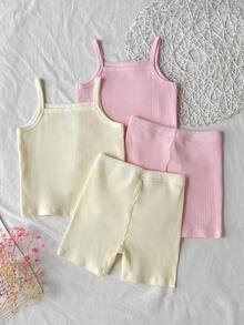 SHEIN 女童春夏多色牛仔細肩帶背心短褲內著套裝 2件組，2套，四季適用 - 彩色 - 查看 5