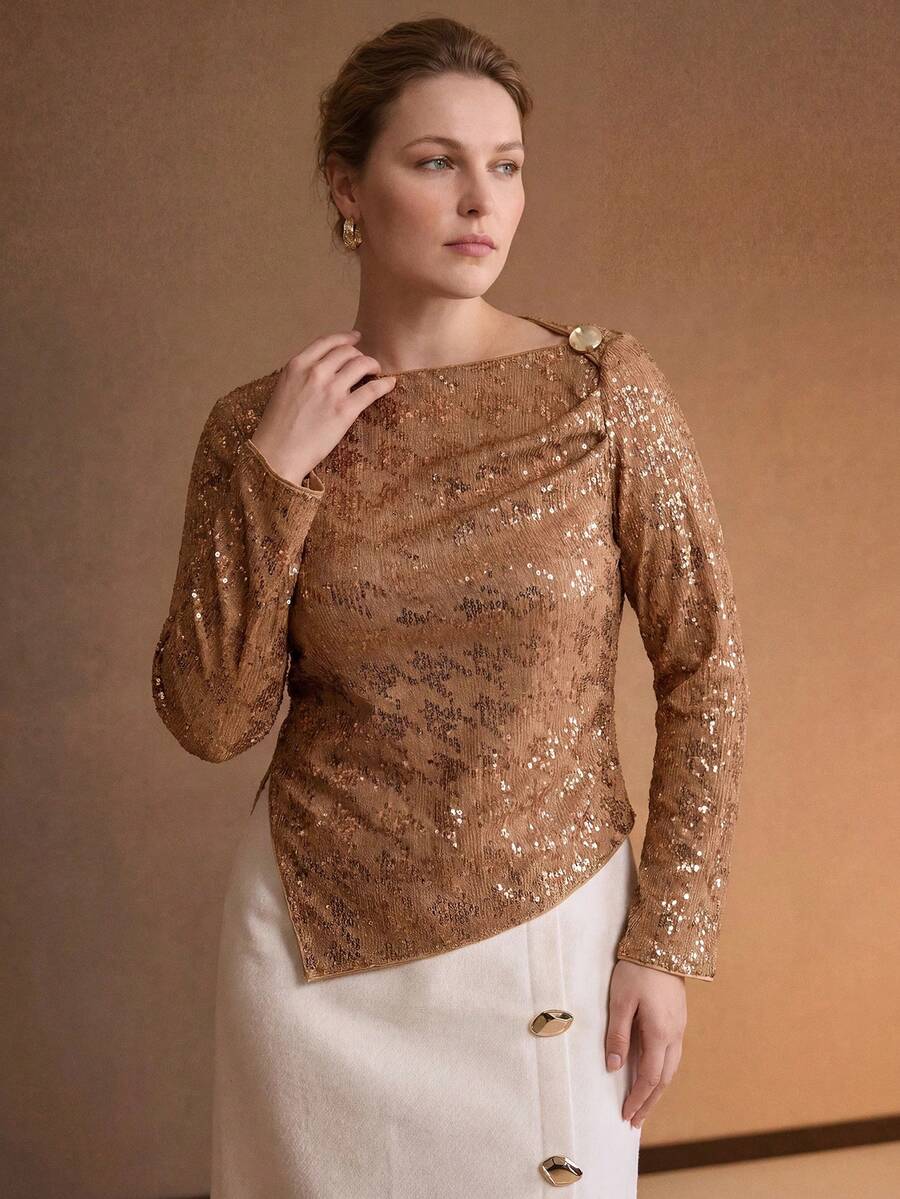 MOTF PREMIUM PLUS SIZE WOMEN'S AUTUMN/WINTER KNIT SEQUIN & METALLIC DECOR ASYMMETRICAL HEM TOP - Brown - View 1