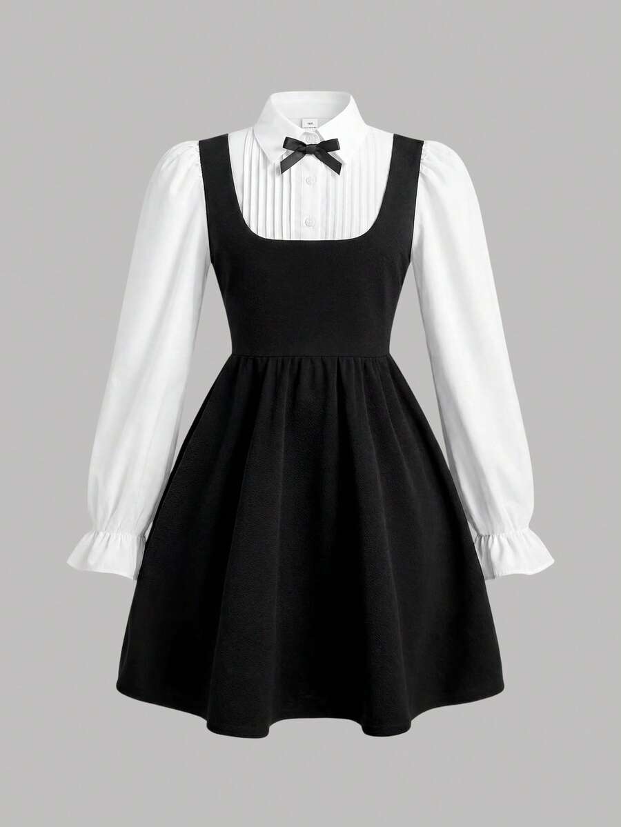SHEIN Girlism 兒童青少年女孩蝴蝶結裝飾拼接配色百褶休閒可愛日常秋季開學裙 白色黑色 - 黑與白 - 查看 1