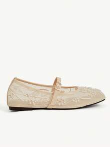 CUCCOO CHICEST 女款網布刺繡珍珠瑪麗珍平底鞋，扣環設計，通勤約會婚禮日常溫柔透氣百搭女鞋 - 米色 - 查看 3