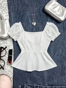 Sweetra Plus Size Sweet & Cute Polka Dot Bow Tie 2 In 1 Blouse - White - View 2