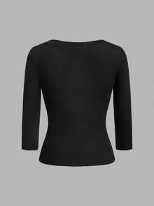 Comfortcana 3pcs Kaos Basic Putih, Hitam, Pink Muda, Leher V Dalam, Pas Badan, Lengan Sedang, Cocok untuk Kembali ke Sekolah, Atasan Awal Musim Gugur, Cocok untuk Perjalanan Sehari-hari, Pesta, dan Kerja - MultiWarna - View 9