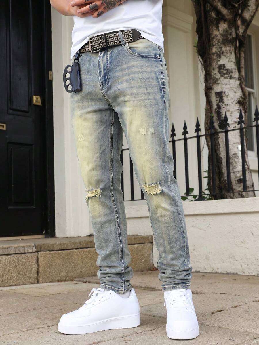 Manfinity EMRG Men's Vintage Washed Blue Distressed Ripped Denim Jeans, Slim Fit Stretch Long Pants - Light Wash - View 1