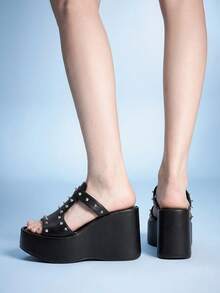 Sugerpunk Ladies Diablo Punk Style Nails Open-Toed Thick-Soled Height Enhancement Fashion Versatile Sandals - Black - View 10
