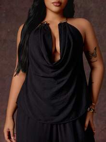 Rustia Fashion Spaghetti Strap Cowl Neck Camisole Loose Wide Leg Plus Size Women's Outfit - Black - View 5