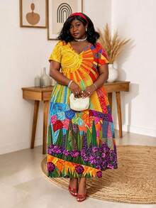 CurvyTilda Plus Size Women Colorful Artistic Textured Pattern V-Neck Short Sleeve Dress, Suitable For Summer, Spring Break - Multicolor - View 3