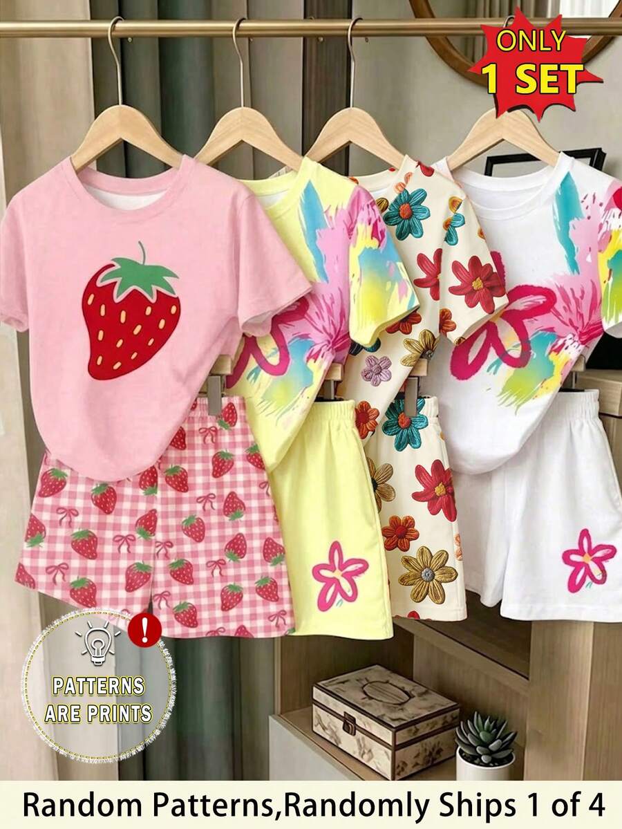Elladie kids (Patrón aleatorio, 1 set aleatorio) Conjunto de camiseta corta básica y pantalones cortos con estampado de graffiti colorido, flores y fresas, estilo fresco y de moda para niñas - Multicolor - Ver 1