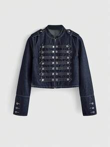 ROMWE Grunge Punk Nautical Punk Vintage Metal Buckle Distressed Washed Denim Lightweight Jacket - Dark Wash - View 7