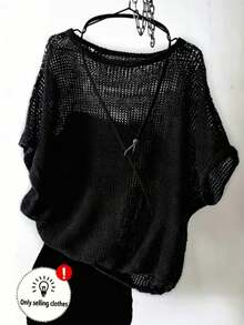 Resyla Top de punto de manga corta con cuello redondo regular para tallas grandes - Negro - Ver 1