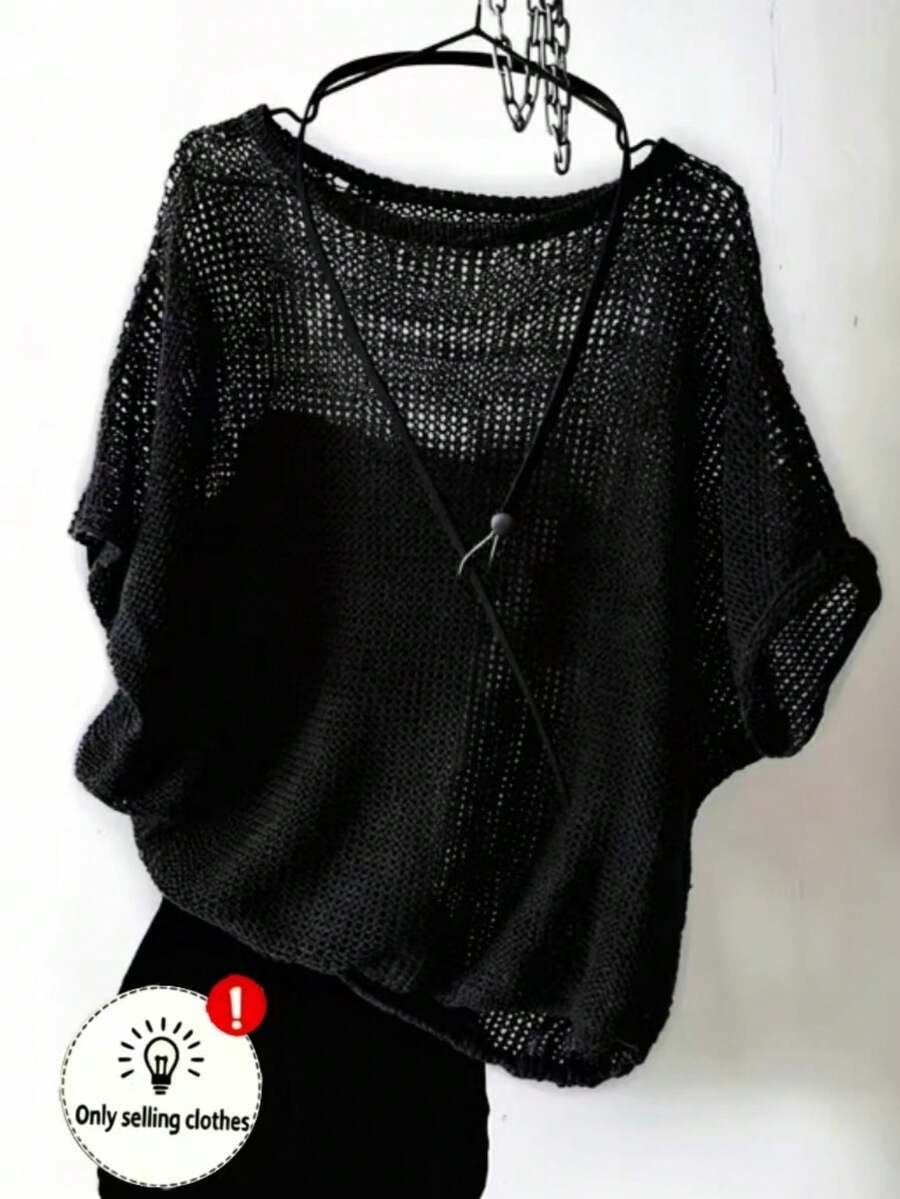 Resyla Top de punto de manga corta con cuello redondo regular para tallas grandes - Negro - Ver 1