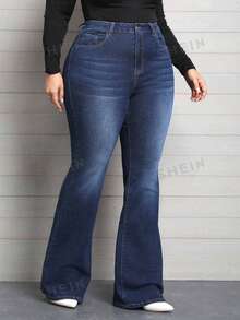 EMERY ROSE Summer Plus Size Denim Flare Leg Stretch Jeans Holiday Navy Blue - Dark Wash - View 6