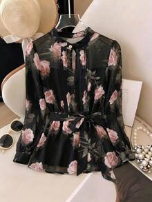 SHEIN Clasi 女款優雅通勤花卉印花襯衫附腰帶 - 彩色 - 查看 5
