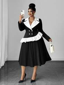 Maweii Plus Size Elegant Commuter Colorblock Patchwork Ruffle Double-Breasted Jacket & Skirt 2 Pieces Set - Black - View 1