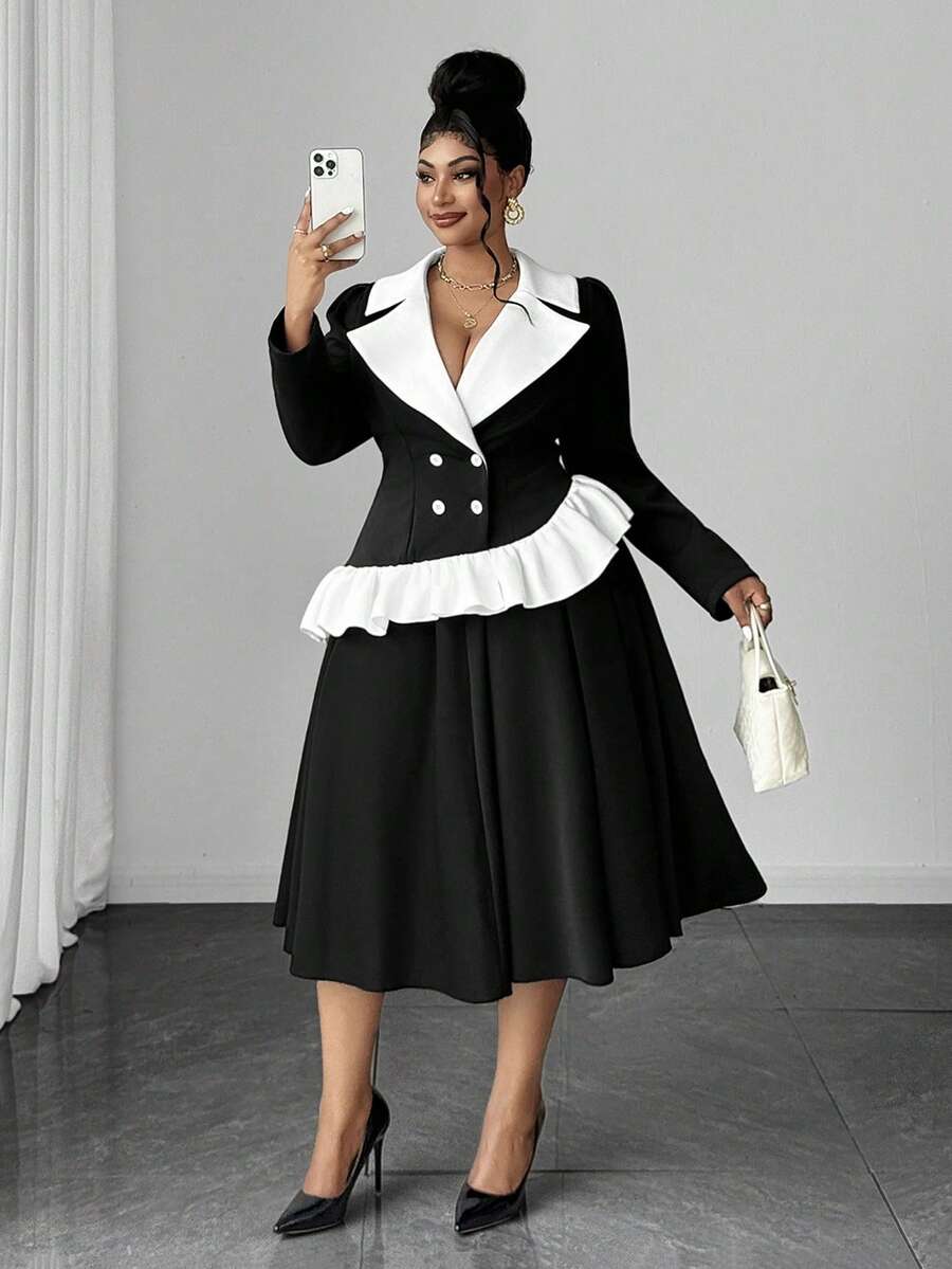 Maweii Plus Size Elegant Commuter Colorblock Patchwork Ruffle Double-Breasted Jacket & Skirt 2 Pieces Set - Black - View 1