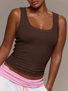 MUSERA ESSENTIALS Ribbed Scoop Neck Fitted Tank Vest Top Cute Everyday Basics Sexy Daily Spring Summer Essential - Chocolate Brown - View 6