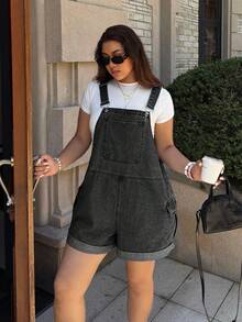 Dripcurv Plus Size Women's Pocket Casual Everyday Denim Romper - Black - View 7
