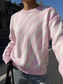 Graphic Pattern Drop Shoulder Sweater - Baby Pink - View 5