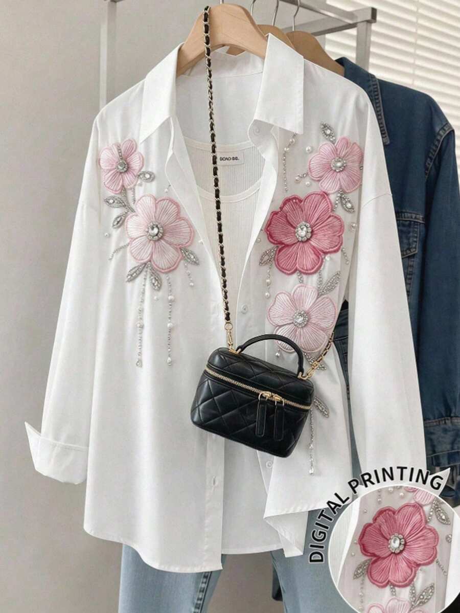 SHEIN 時尚青少年女孩套裝(13-19歲)休閒極簡米色與白色細條紋長袖鈕扣襯衫,春夏風格,輕量面料, Polo刺繡設計,適合日常上學與休閒外出 - 白色 - 查看 1