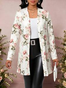 SHEIN Lady Plus Size Elegant Floral Print Long Sleeve Knit Cardigan For Vacation Evening Formal Wedding Autumn Fall - Multicolor - View 5