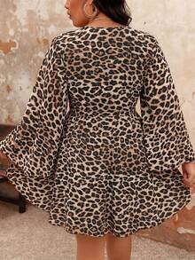 EMERY ROSE Plus Size Leopard Print V-Neck Long Sleeve Dress Fall - Coffee Brown - View 2
