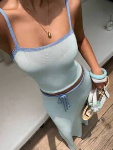 Sunnyshic Simple Sweet Women's Summer Blue Spaghetti Strap Fitted Bodycon Skirt & Knit Sweater 2 Pieces Set - Blue - View 7