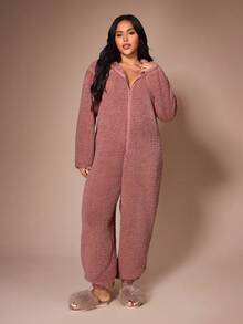 Lazeform Plus Size Solid Color Fleece Bubble Fleece Cute Hooded Ear Long Sleeve Long Pants Loungewear Jumpsuit - Dusty Pink - View 3