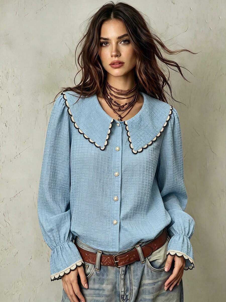 Franclia 新款撞色可爱泡泡袖女式衬衫 - 藍色 - 查看 1