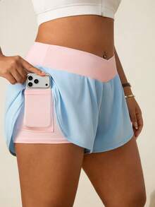 SHEIN Rhythm Era Casual Versatile Plus Size Multi-Color Letter Print Sports Shorts With Storage Pockets Gym Sports Baby Blue Summer - Multicolor - View 1
