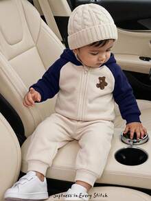 Cozy Pixies Young Boys Hoodie & Sweatshirt Co-Ords Cartoon Bear Pattern Color Block Raglan Long Sleeve Winter Jacket Elastic Waist Long Pants 2-Piece Set Fleece Lined Brushed Thick Style Suitable For Winter - Multicolor - View 1