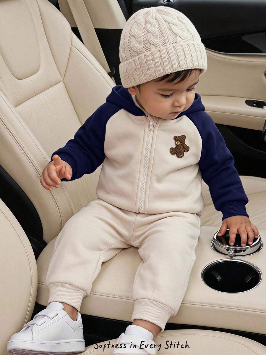 Cozy Pixies Young Boys Hoodie & Sweatshirt Co-Ords Cartoon Bear Pattern Color Block Raglan Long Sleeve Winter Jacket Elastic Waist Long Pants 2-Piece Set Fleece Lined Brushed Thick Style Suitable For Winter - Multicolor - View 1