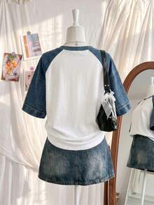 Lalippa Women's Casual T-Shirt With Denim Effect Print And Raglan Sleeves - Multicolor - View 2