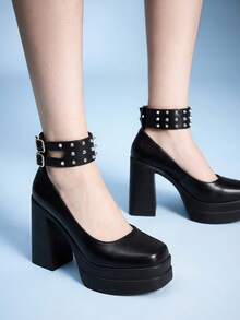 Sugerpunk Fashion Women's Platform High-Heeled Shoes, Punk Style Buckle With Rivet Inlay Design, Classic Sexy Suitable For Parties, Nightclubs, Festivals - Piano Black - View 10