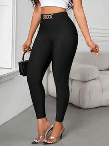 SHEIN Lady Women's Fashion Metal Buckle Fitted Casual Basic Base Layer Long Pants Gym Workout Workwear Black Autumn - Black - View 3