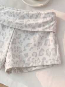 Comfortcana Women's Summer Casual Leopard Print Folded Waist Shorts - Light Grey - View 6