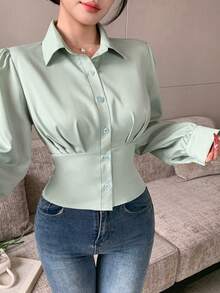 Celisse Solid Color Ruched Bust Waist-Cinching Casual Commuter Women's Long Sleeve Blouse - Green - View 3