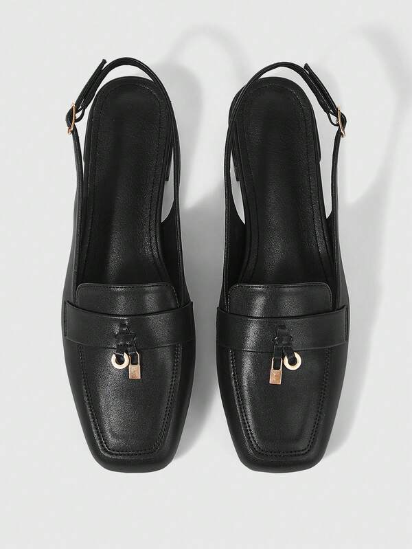 Sleekvia Zapatos de mujer con punta cuadrada, tacón medio corto, correa trasera negra, básicos clásicos y sencillos, cómodos para ir al trabajo, ir de compras y uso versátil, zapatos planos de mujer