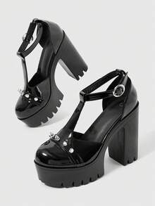 Sugerpunk Women's Fashion And Sexy Platform High-Heeled Shoes, Punk Style, Gothic Street Style, Rivet Buckle Solid Color Round Toe Design, Nightclub Party - Coal black - View 7