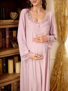PalaceNights Court Style Loose Square Neck Embroidered Lace Maternity Long Nightgown - Dusty Pink - View 3